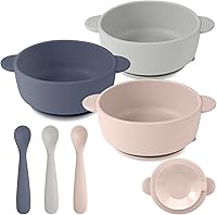 Vista 1 de Juego de alimentación de silicona para bebés, paquete de 3 cuencos para bebés con succión y paquete de 3 cucharas para bebés para bebés, niños