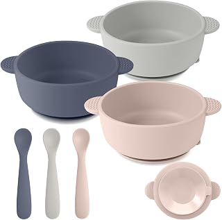 Eascrozn Silicone Baby Feeding Set: 3 Suction Bowls + 3 Spoons for Toddlers, BPA-Free, Microwave & Dishwasher Safe Utensils