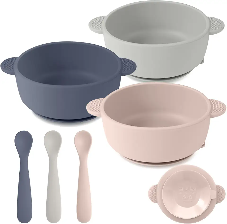 Silicone Baby Feeding Set, 3 Pack Baby Bowls with Suction and 3 Pack Baby Spoons for Babies Toddlers Kids, BPA Free, Baby Utensils Feeding Supplies, Microwave and Dishwasher Safe