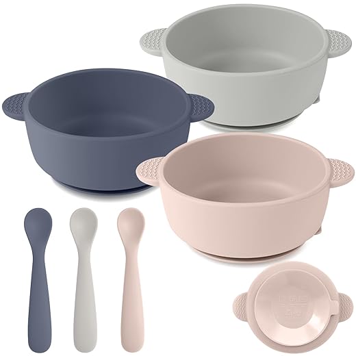 Silicone Baby Feeding Set, 3 Pack Baby Bowls with Suction and 3 Pack Baby Spoons for Babies Toddlers Kids, BPA Free, Baby Utensils Feeding Supplies, Microwave and Dishwasher Safe