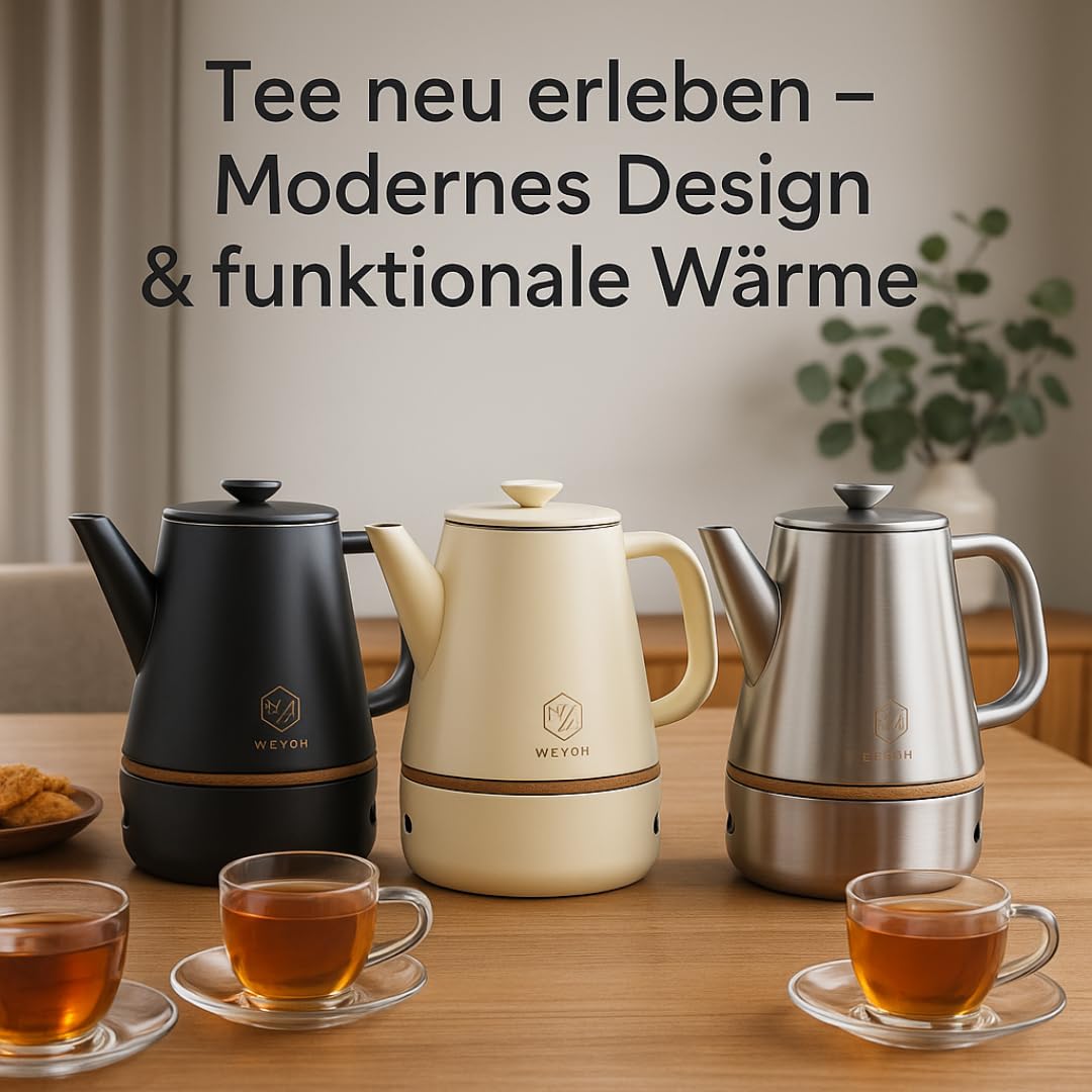 Edelstahl Teekanne 1 Liter mit Stövchen - Doppelwandig, Tropffreier Ausguss - mit Siebeinsatz für losen Tee oder Teebeutel (Beige)