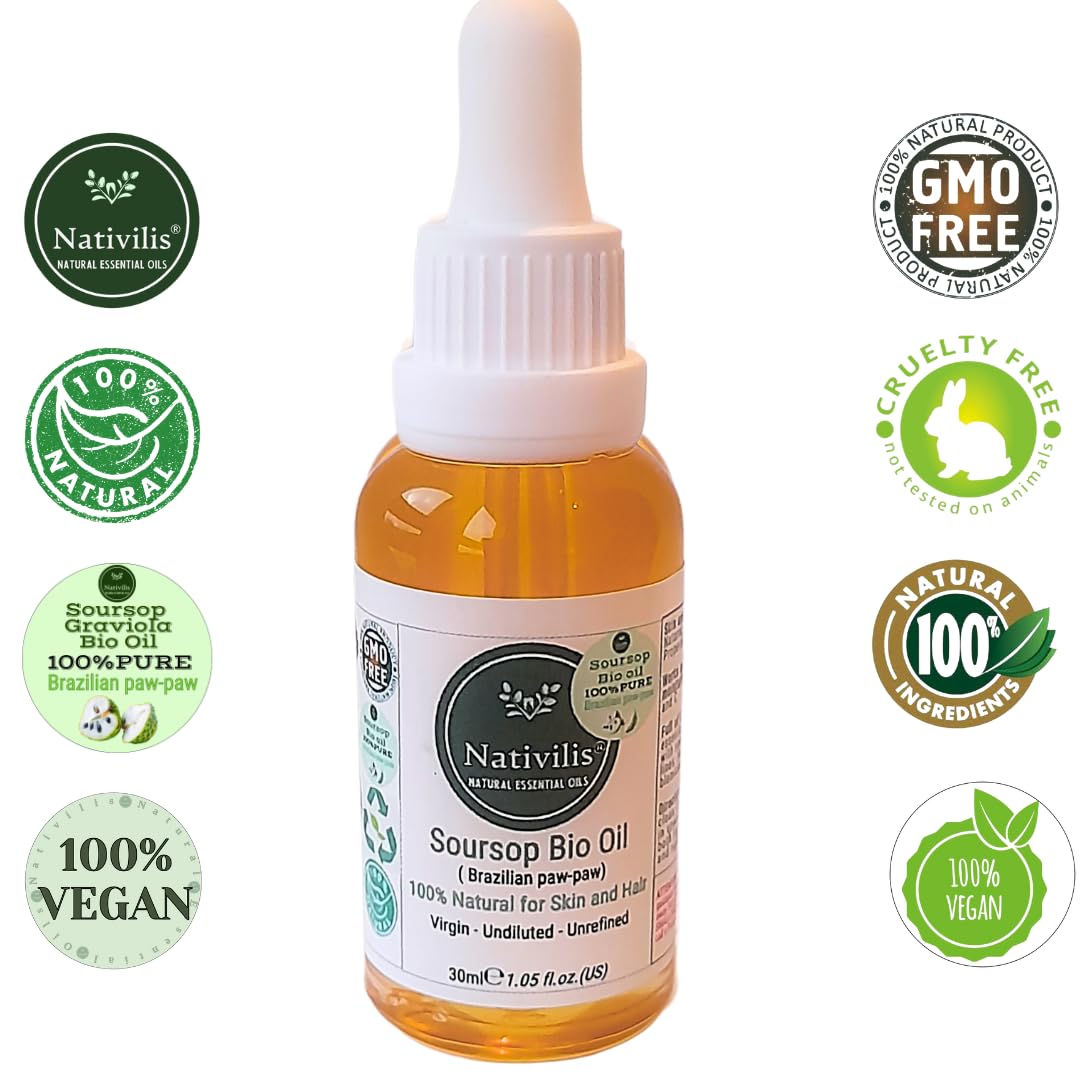 Nativilis Soursop Bio Oil, 30ml, 100% Natural Virgin Unrefined Brazilian Paw-Paw Oil for Skin and Hair, Gold, 30 ml (Pack of 1) - Image 2