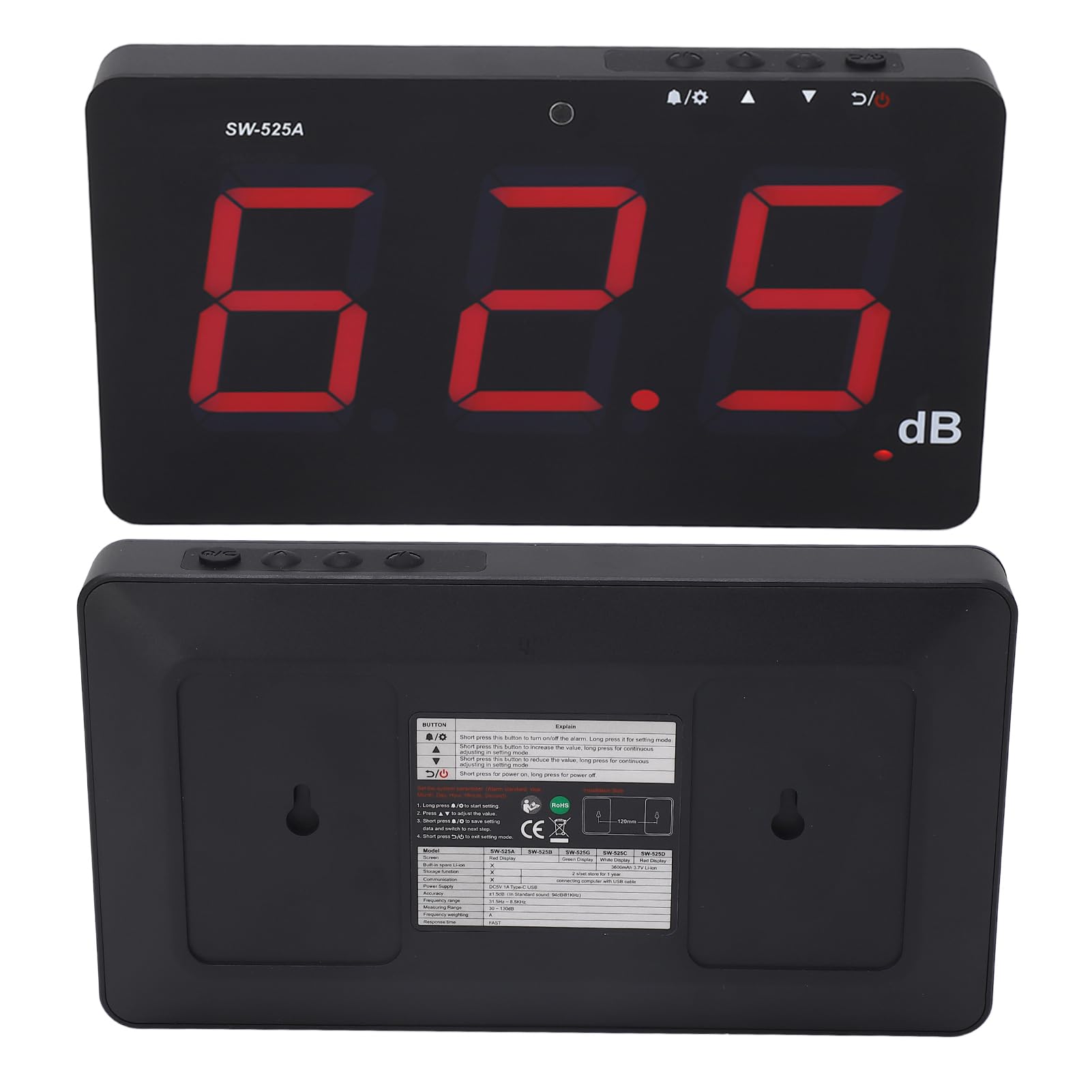Ejoyous Medidor de Nivel de Sonido, Pantalla LCD de 9,6 Pulgadas, Medidor de Decibelios Montado en la Pared, Probador de Ruido de 30~130dB