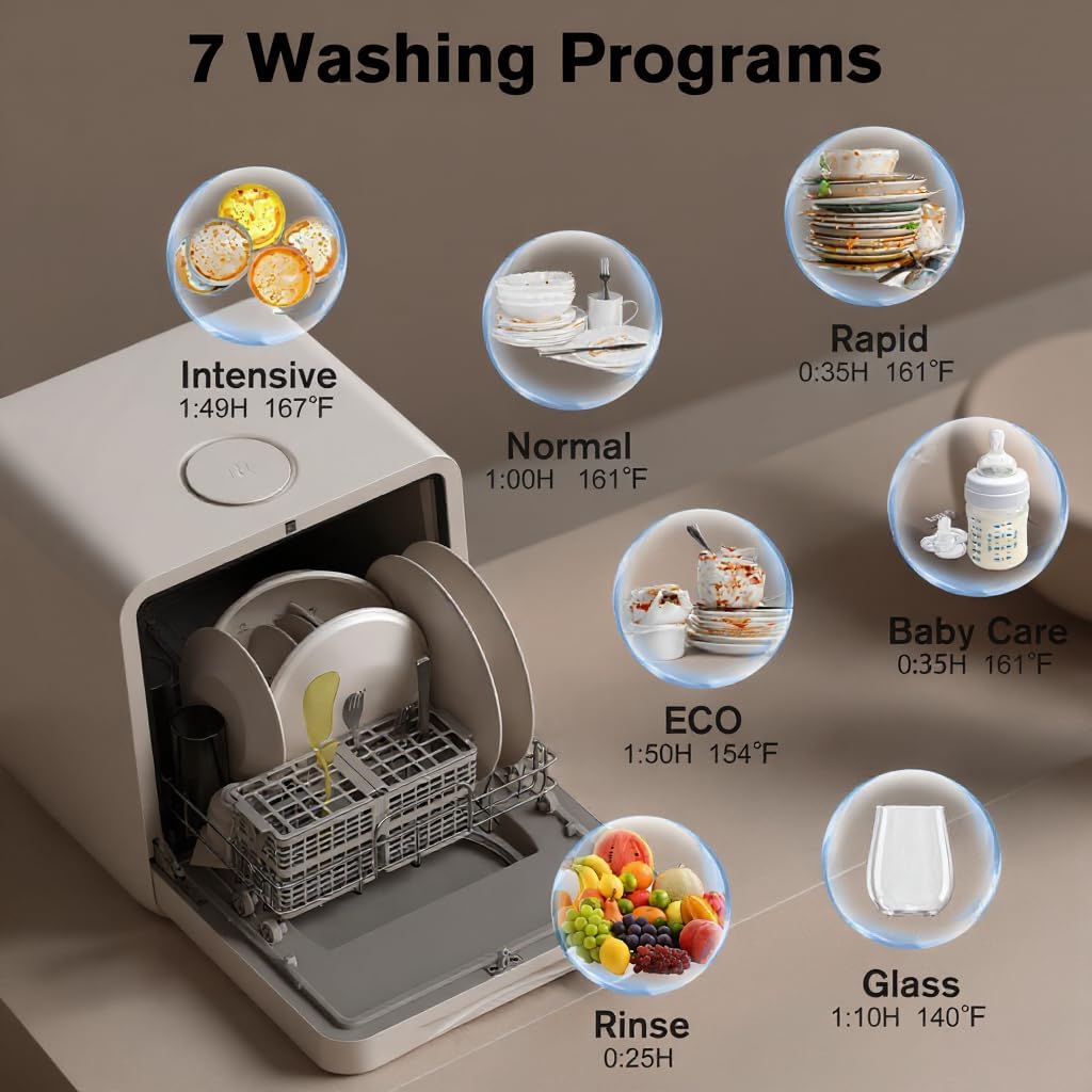 Portable Countertop Dishwasher with 5L Built-in Water Tank,Upgraded 7 Program & 24H Delayed Wash,360° Dual Spray, 167℉ High-Temp & No Hookup Needed for Home, Apartments & RVs Portable Countertop Dishwasher with 5L Built-in Water Tank,Upgraded 7 Program & 24H Delayed Wash,360° Dual Spray, 167℉ High-Temp & No Hookup Needed for Home, Apartments & RVs