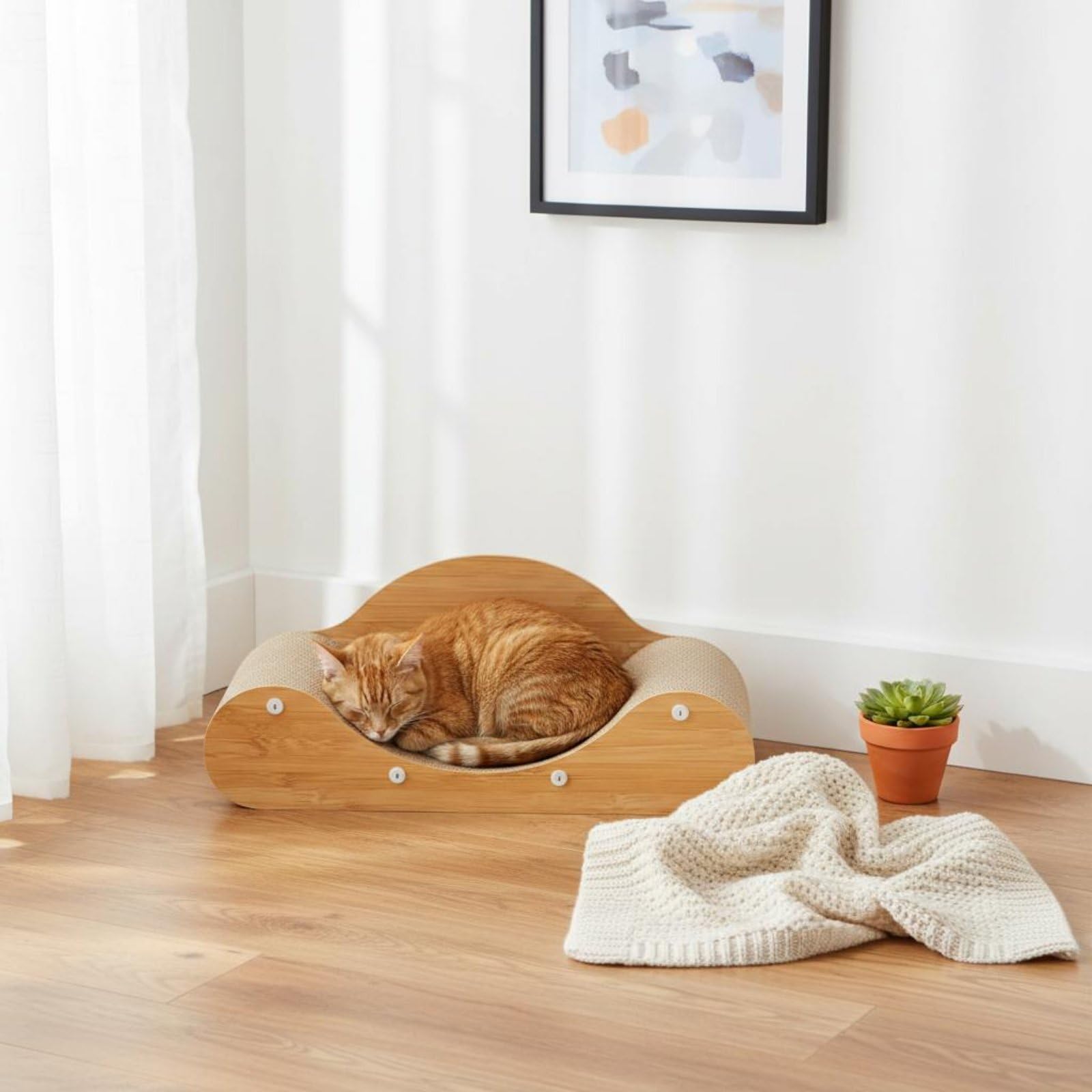 Lit Griffoir pour Chat Lit Griffoir Divan Couchage Canapé en Carton Ondulé Dense et Panneau de Densité Courbe Confort pour Dormir Moins de Débris, Bois Naturel