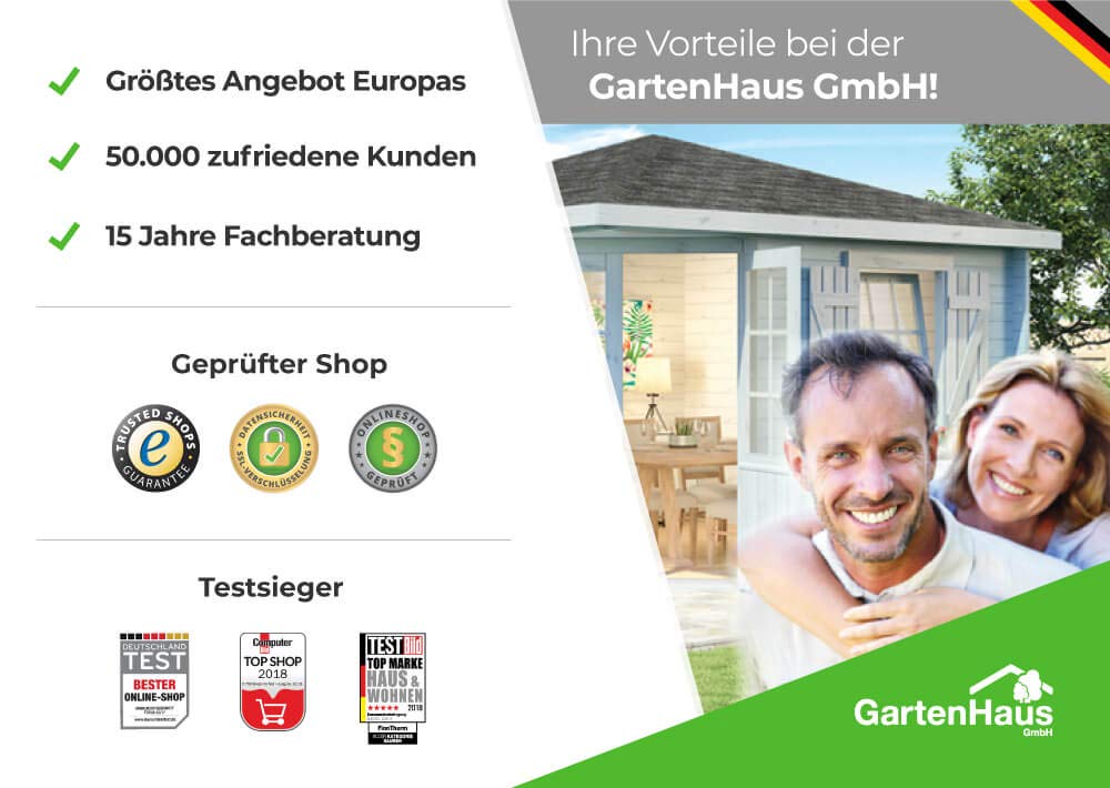 Alpholz Gartenhaus EVERE aus Fichten-Holz, Gerätehaus mit 19 mm Wandstärke, Garten Holzhaus inklusive Montagematerial, Metalldach, Geräteschuppen 330 x 270cm mit Satteldach
