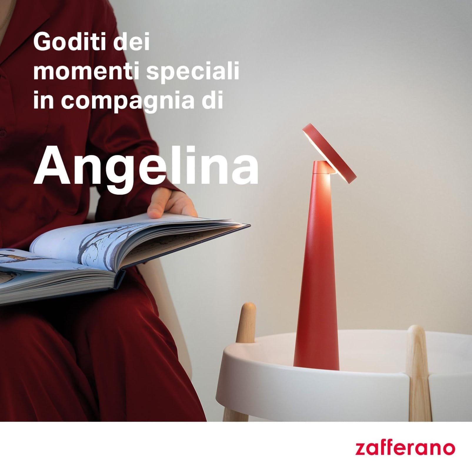 Zafferano, Lampada Angelina, Lampada da Tavolo Ricaricabile e Senza Fili con Controllo Touch e con Testa Orientabile, Adatta per Interni, Dimmer, 2200-3000 K, Altezza 26 cm, Colore Rosso