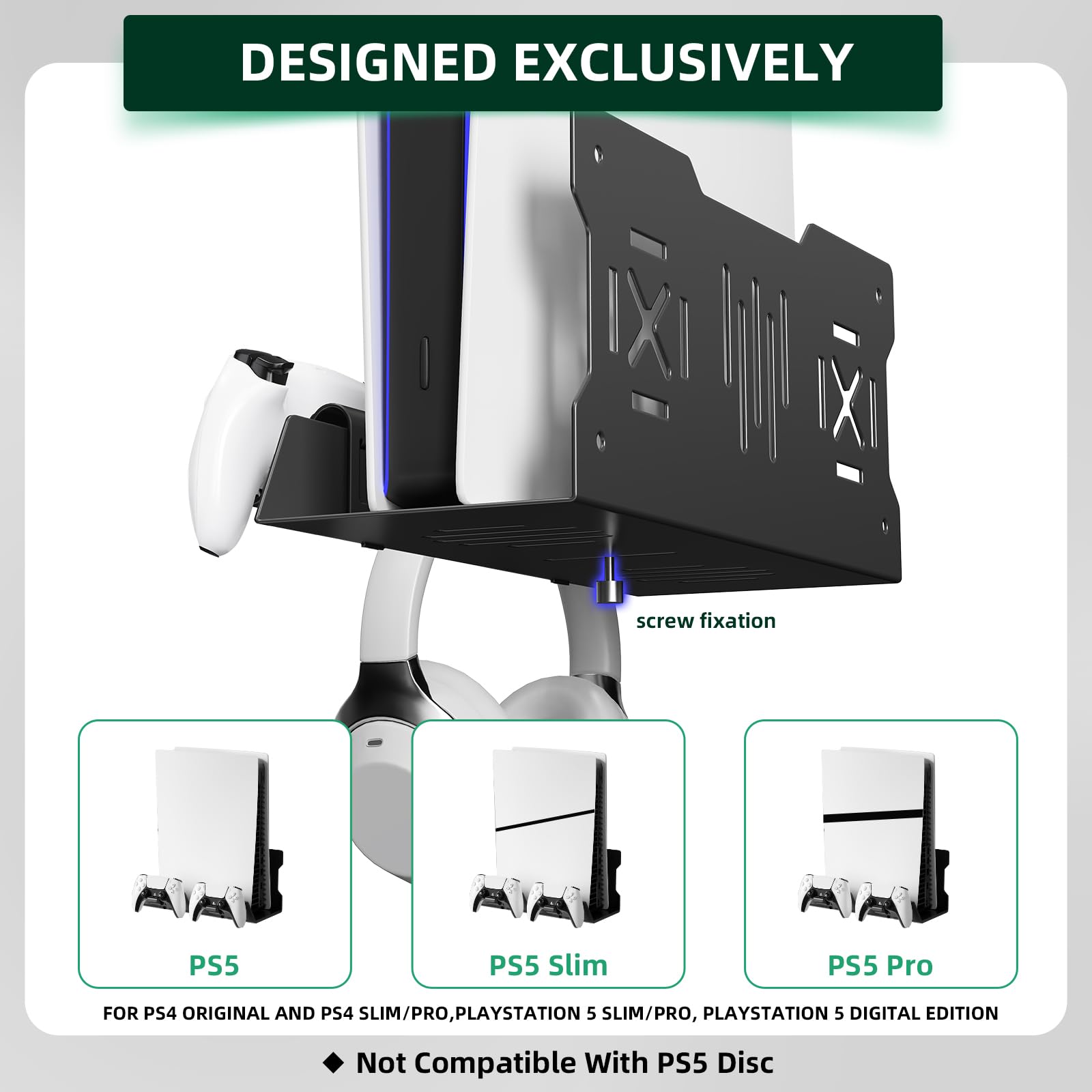 Uchwyt ścienny do serii Ps5 i Ps4, kompatybilny z Ps4 Original, Ps4 Slim/Pro, Playstation 5 Slim/Pro i Playstation 5 Digital Edition, może pomieścić dwa kontrolery (czarny)