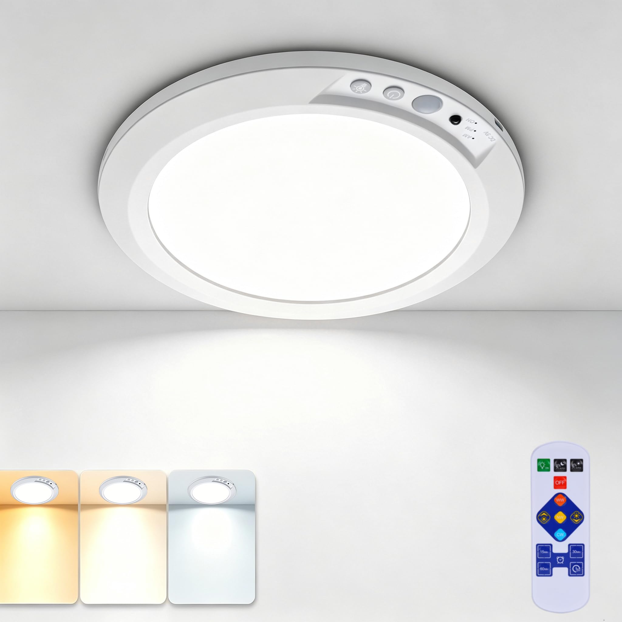 Motion Sensor Rechargeable LED Ceiling Light with Remote, Diameter 7.5Inch