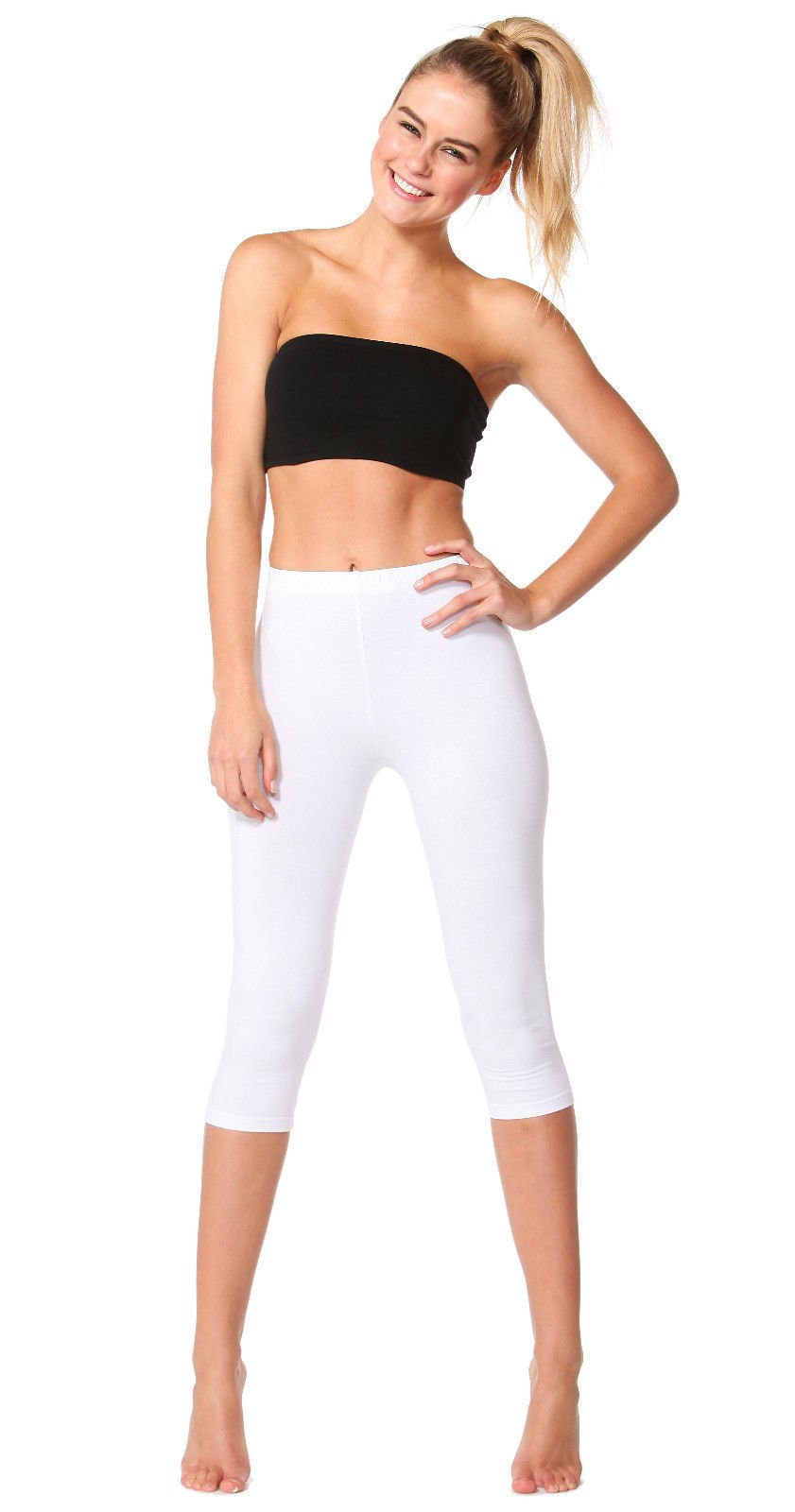 Elegance 1234 Women's White Plain Cotton Stretch 3/4 Leggings - Multiple Colours And Sizes - Ref. 2191 - Xxxl