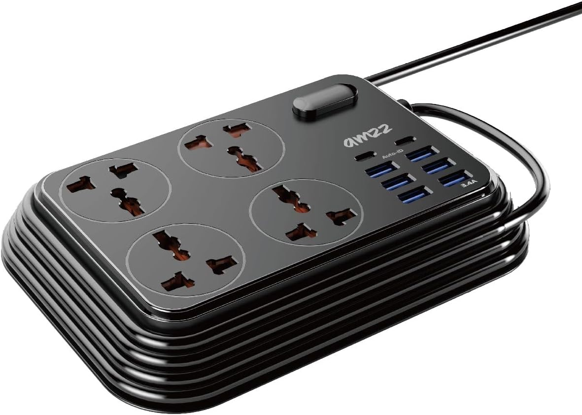AMZZ3.4A Extension Cord Surge Protector Power Strip, 4 UK-UAE Sockets, 2 Type C & 6 USB Ports - Heavy Duty 2m Cord, Ideal for Home & Office (Black)