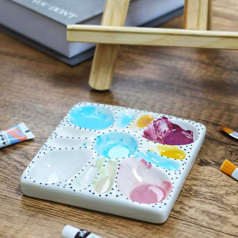 Image of Flower Ceramic Palette for Watercolor, Polka Dots & Bevel Groove Design | Porcelain Mixing Tray, Compact Nail Art Diamond Storage & Jewelry Plate, Makeup Eyeshadow Testing Palette, Painting Gift