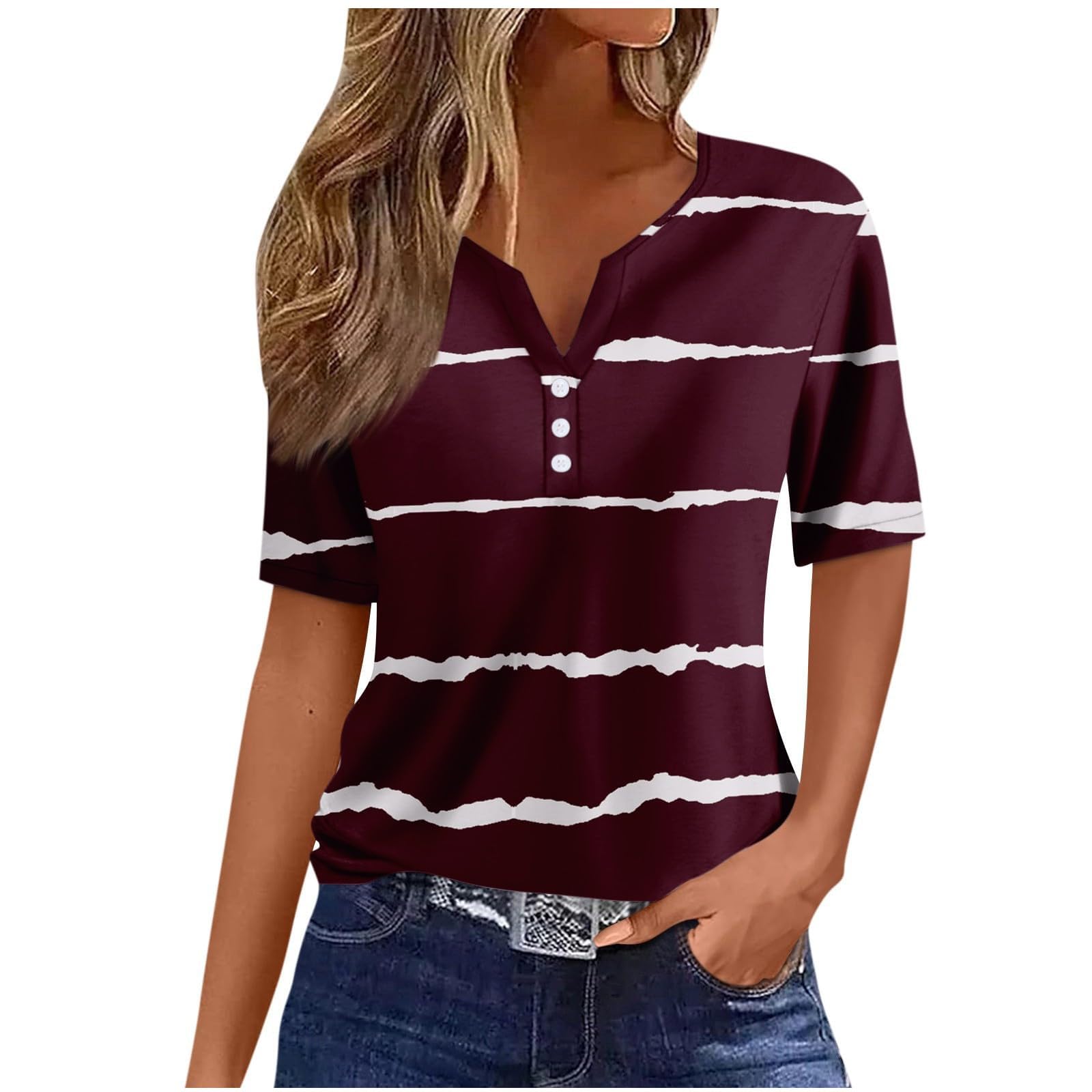 Lemoiitea Blusa de verano para mujer, cuello con botones, cuello en V, plisada, blusa con estampado a rayas, casual, blusa de manga corta, blusa elegante y holgada, blusa de oficina