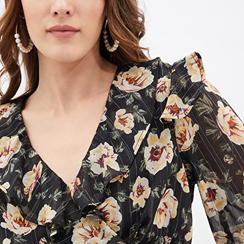 Image of Kibo Women's Black Floral Print Long Sleeve Ruffle Top