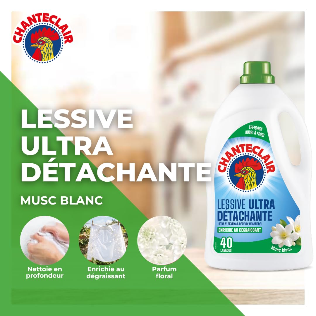 Chanteclair - Lessive Liquide Concentrées Musc Blanc, Enrichie au Dégraissant, Ultra Détachantes et Efficaces aussi à Froid, 40 lavages - 8x 1800 ml