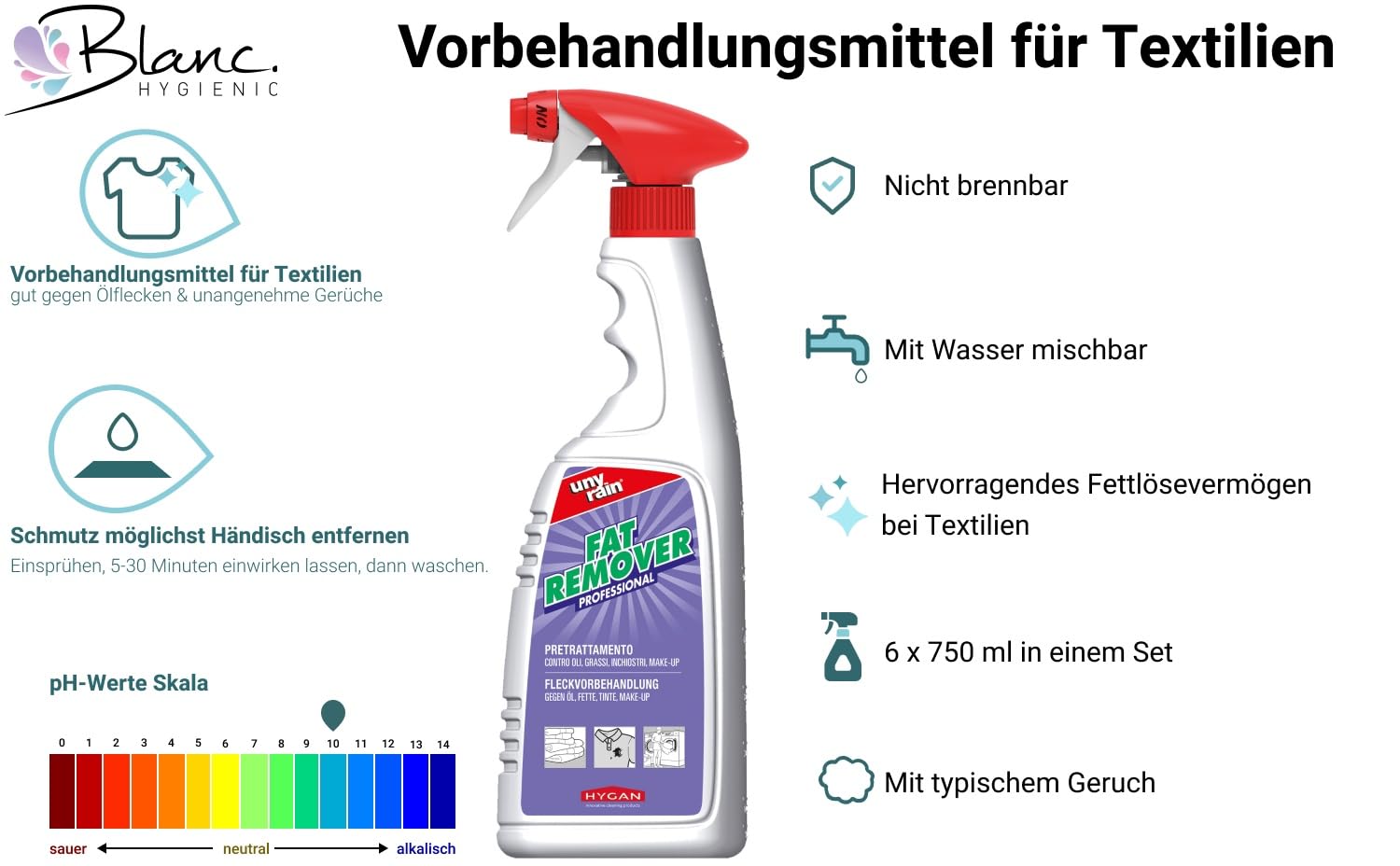 Profi Fleckenvorbehandlung 6x750 ml, Textilien & Arbeitskleidung | Gebrauchsfertig gg. Fett-, Öl-, Tinten- & Make-up-Flecken, hohe Fettlösekraft, 6x750 ml Sprühflaschen