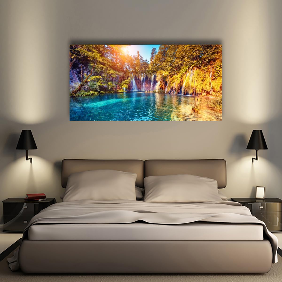 Lake Waterfall Natural Picture Wall Art Landscape Canvas Prints Painting Home Decor Tree Picture for Living Room Bedroom Kitchen Office Decoration 24x48 Wooden Frames Artwork Ready to Hanging