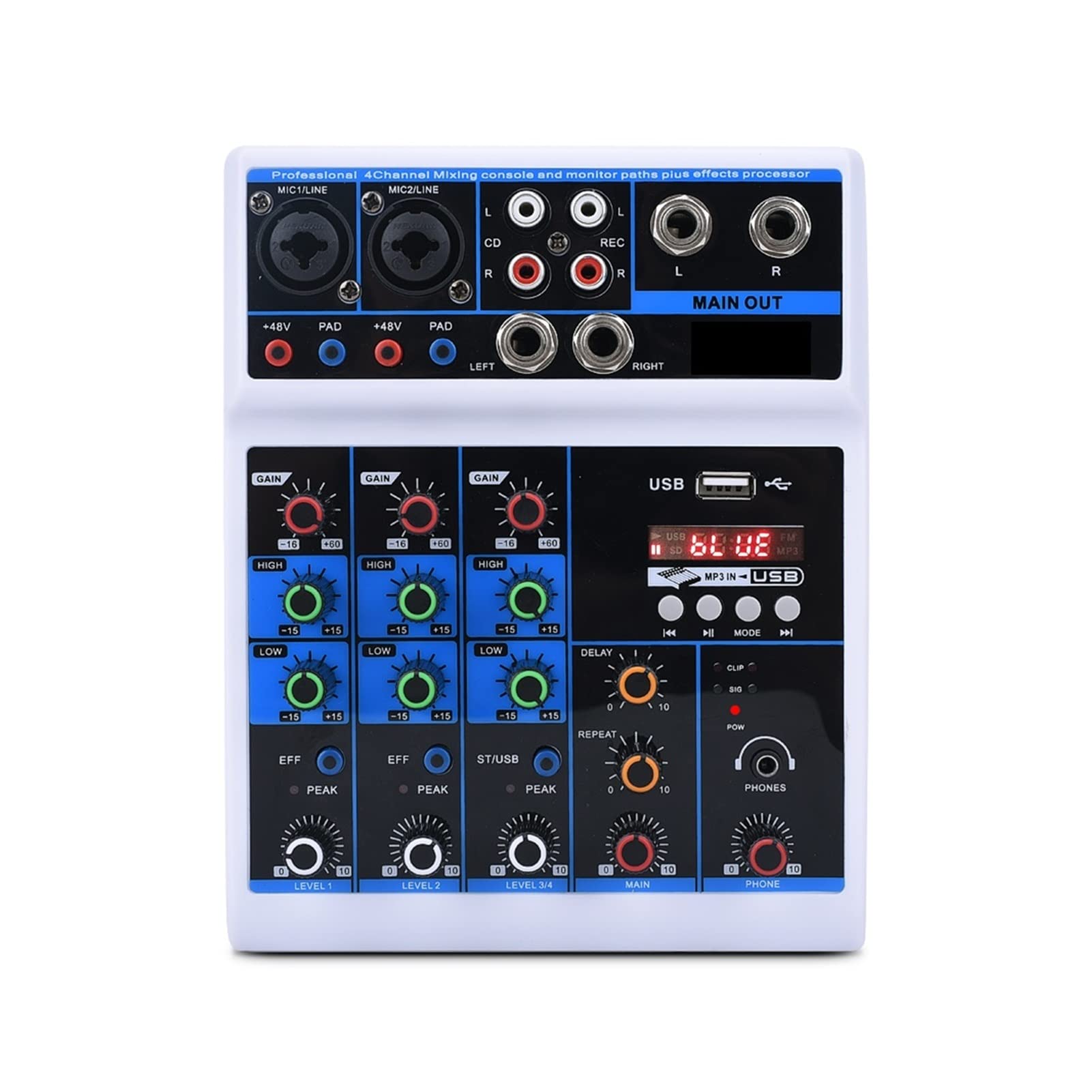 Attrezzatura per DJ per Feste Mixer Audio con Scheda Audio a 4 canali Stereo miscelazione Console Bluetooth Compatibile USB for PC Riproduzione del Record del Computer(White)