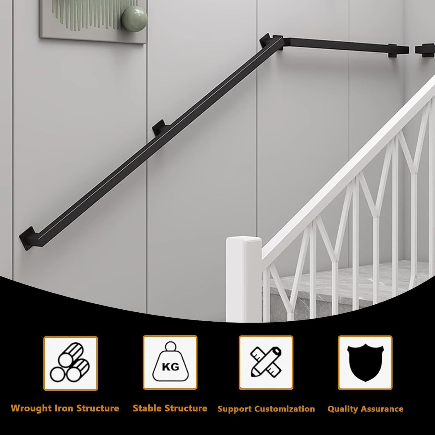 Yopappol Black Stair Handrail, 1m 1.5m 2m 2.5m 3m Hand Railings For Stairs Indoors Outdoors Grab Rail, Wall Mounted Staircase Handrails - Safety Non-Slip (Size : 16.4ft/5m - View #8
