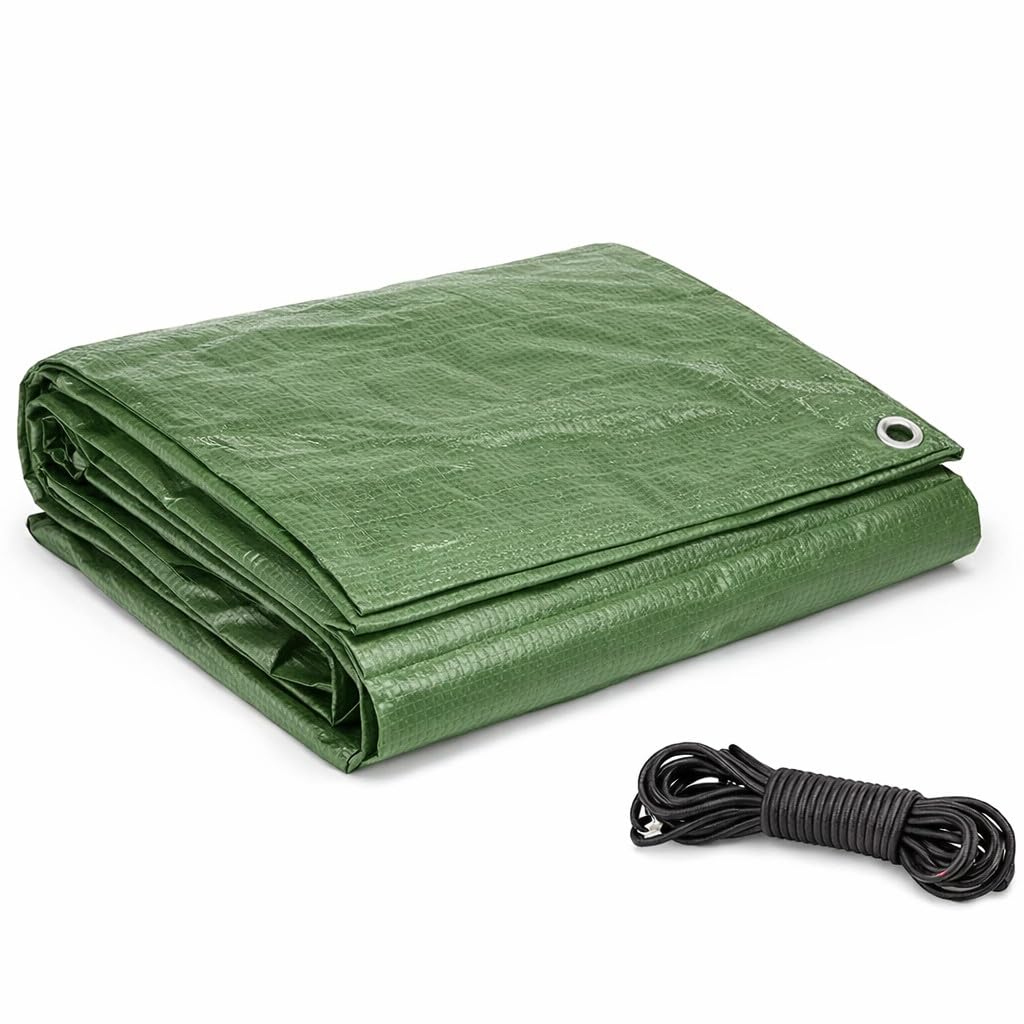 Green Tarpaulin 10 x 10 m Waterproof Heavy-Duty 90 GSM - UV Resistant PE Tarp Sheet with Aluminium Eyelets, Reinforced Edges and Heat-Sealed Seams - Includes 10m Bungee Rope - Outdoor Cover Camping
