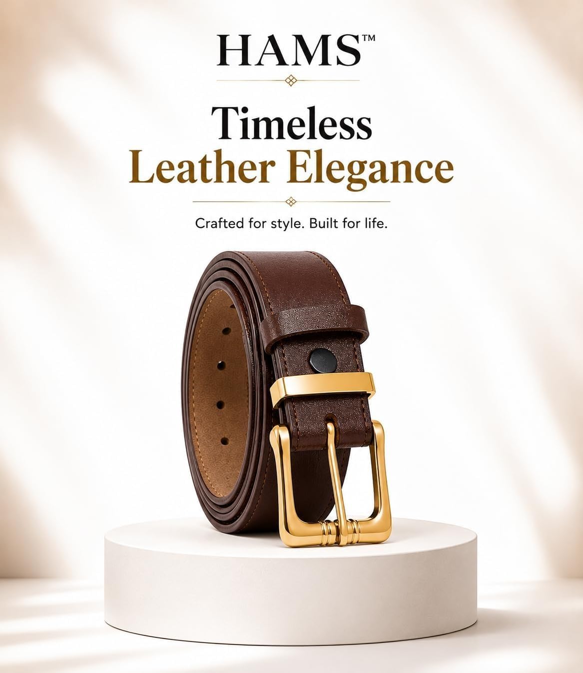 HAMS™ Cinturón de Cuero Genuino Marrón Oscuro con Hebilla Dorada | Cuero de Vaca 100%, Acabado Artesanal, Costura de Calidad, Textura Natural, Uso Diario
