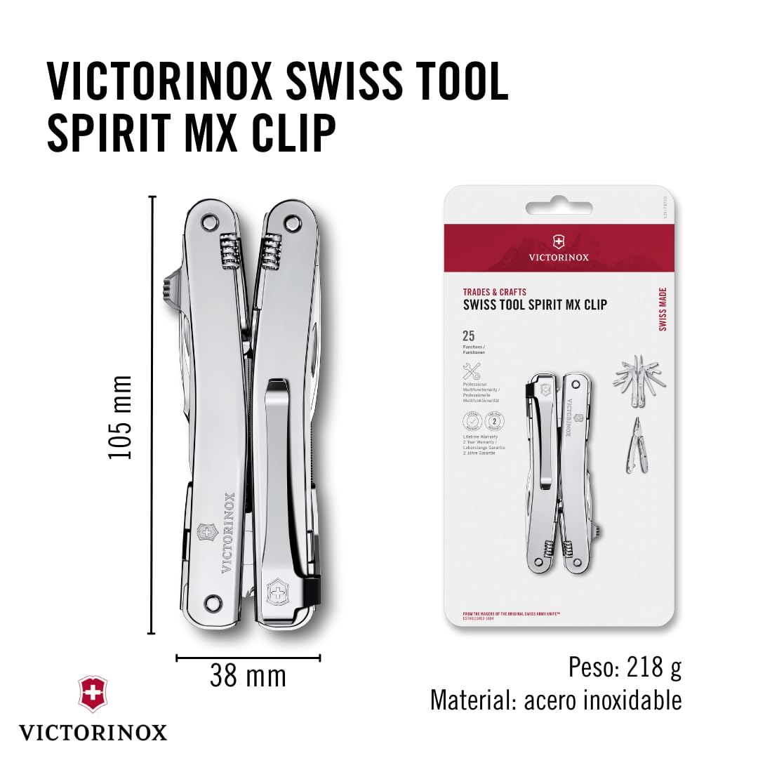 Victorinox Navaja suiza de bolsillo Swiss Tool Spirit MX Clip, 24 funciones, multiherramienta incl. alicate, destornillador, abrelatas, color plata