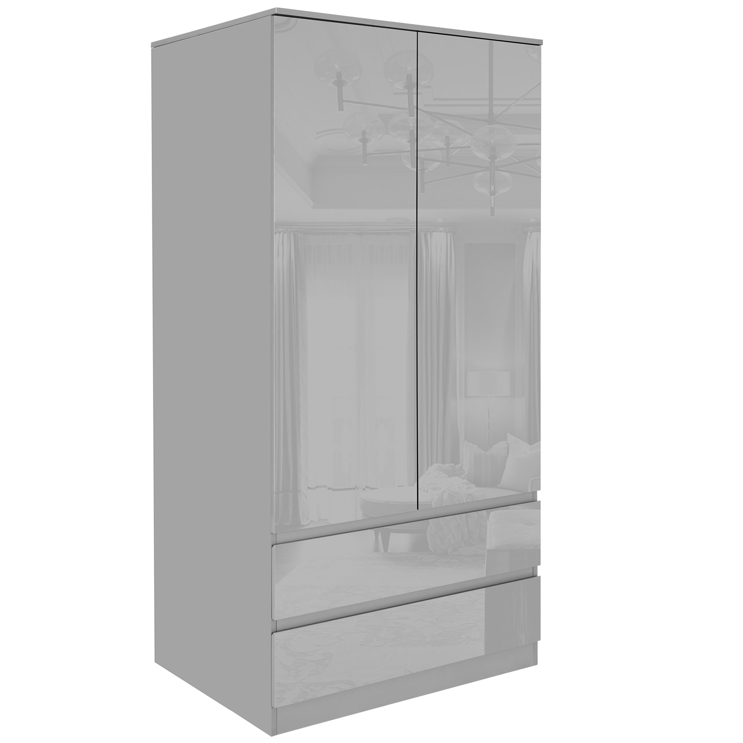 High Gloss 2 Door 2 Drawer Wardrobe for Bedroom with Shelf Hanging Rail Cloth Storage Wooden Wardrobe with Drawer Large Cupboard Bedroom Furniture, Grey