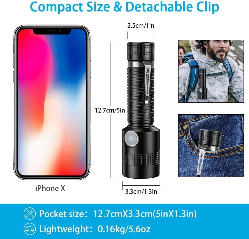 USB Rechargeable Tactical Flashlight, Magnetic Charging LED Flashlights, High Lumen Pocket-Sized T6 LED Torch with Clip, IPX6 Water Resistant, 4 Modes for Camping Hiking Emergency
