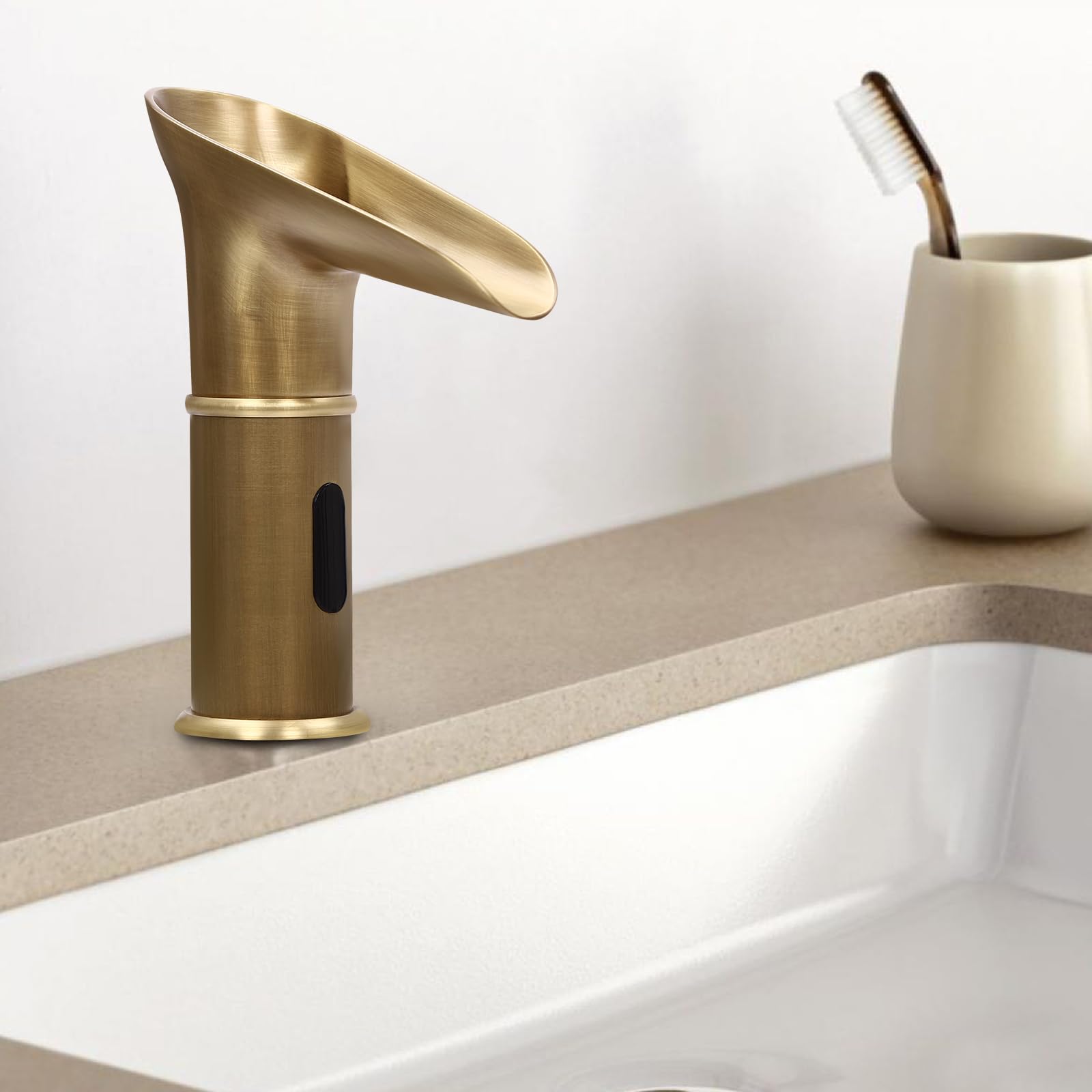 Grifo con sensor de infrarrojos, grifo de lavabo de encimera, grifo mezclador con sensor automático, grifo mezclador de baño, caño cascada (color antiguo)
