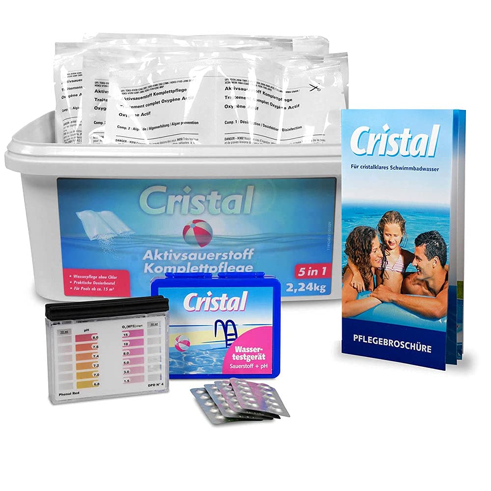 Cristal Aktivsauerstoff Set 2,24 kg - Inkl. Wassertester & Pflegebroschüre – Chlorfreie Poolpflege für klare Wasserqualität - Vordosierte Doppel-Beutel