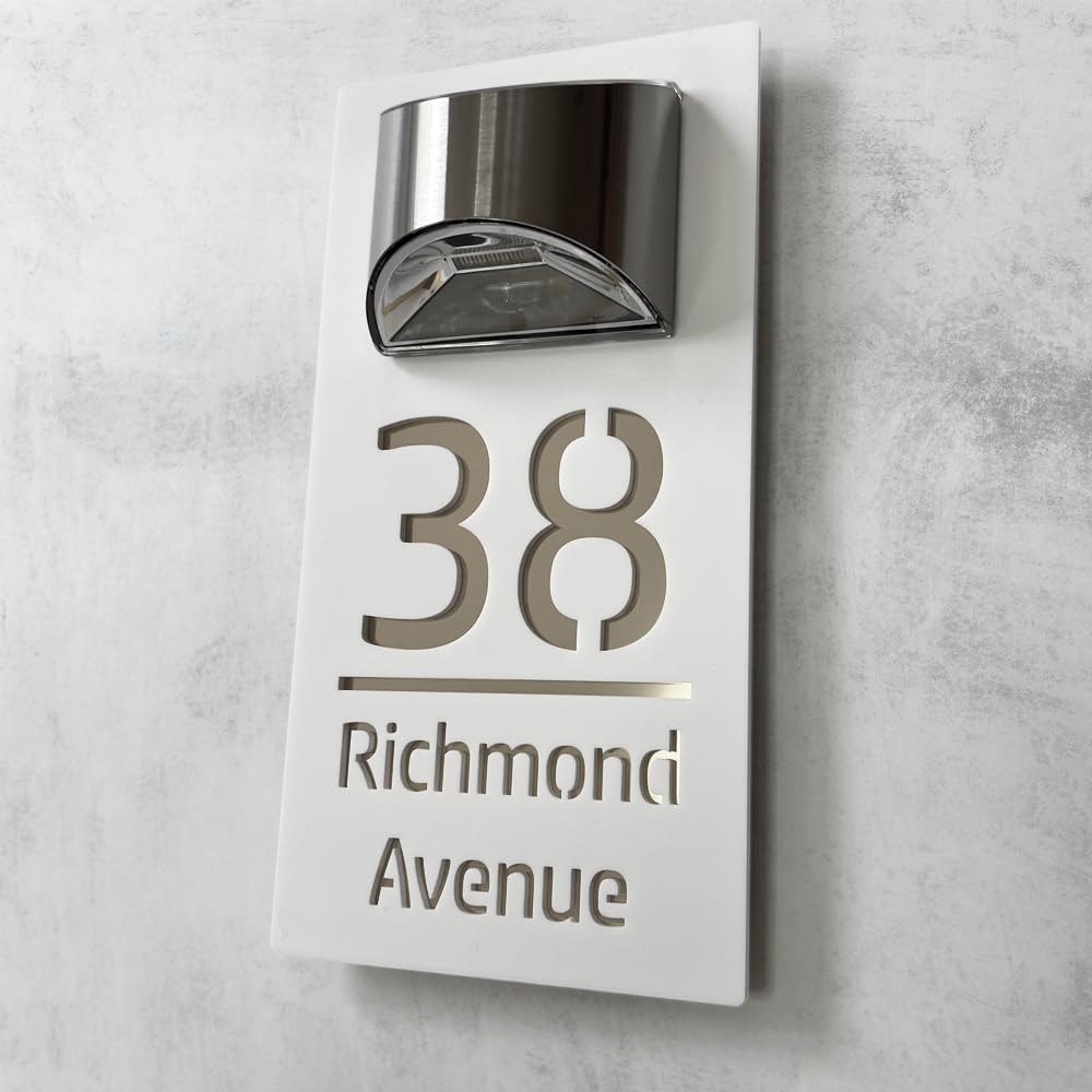 House Numbers Plaques With Solar Light House Numbers Door Signs Personalised Door Number For Wall Name Outside (White and Mirror Silver)