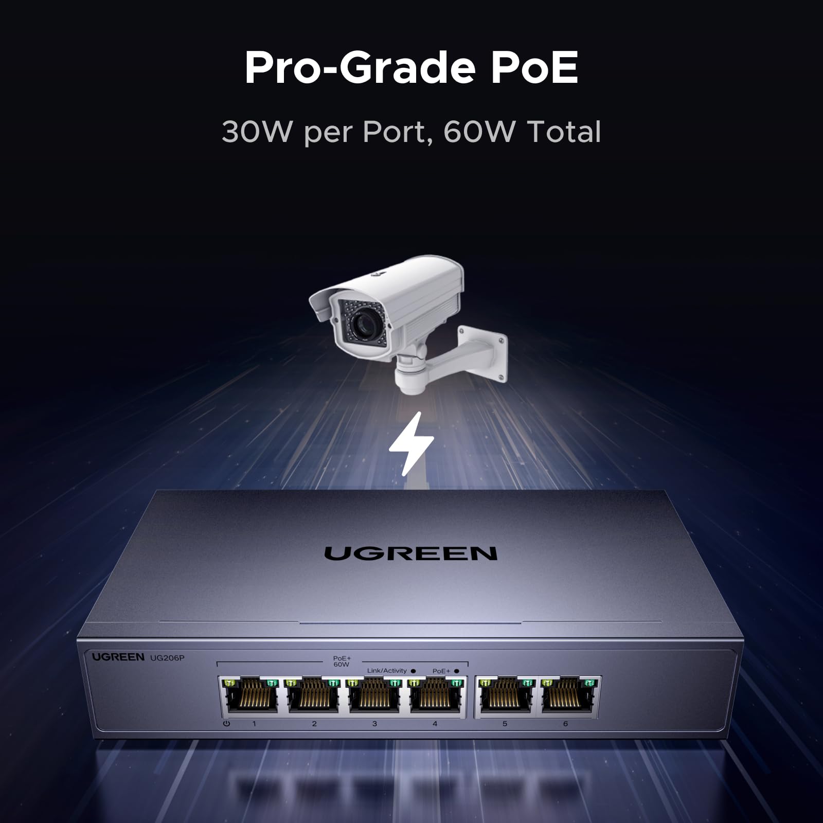 UGREEN Ethernet Switch, 6 Port PoE Switch, 4 PoE+@60W and 2 Gigabit Ethernet, Plug & Play, Auto/VLAN/Extend Mode, Sturdy Metal, Desktop or Wall Mount Network Splitter for Security Camera, IP Phone