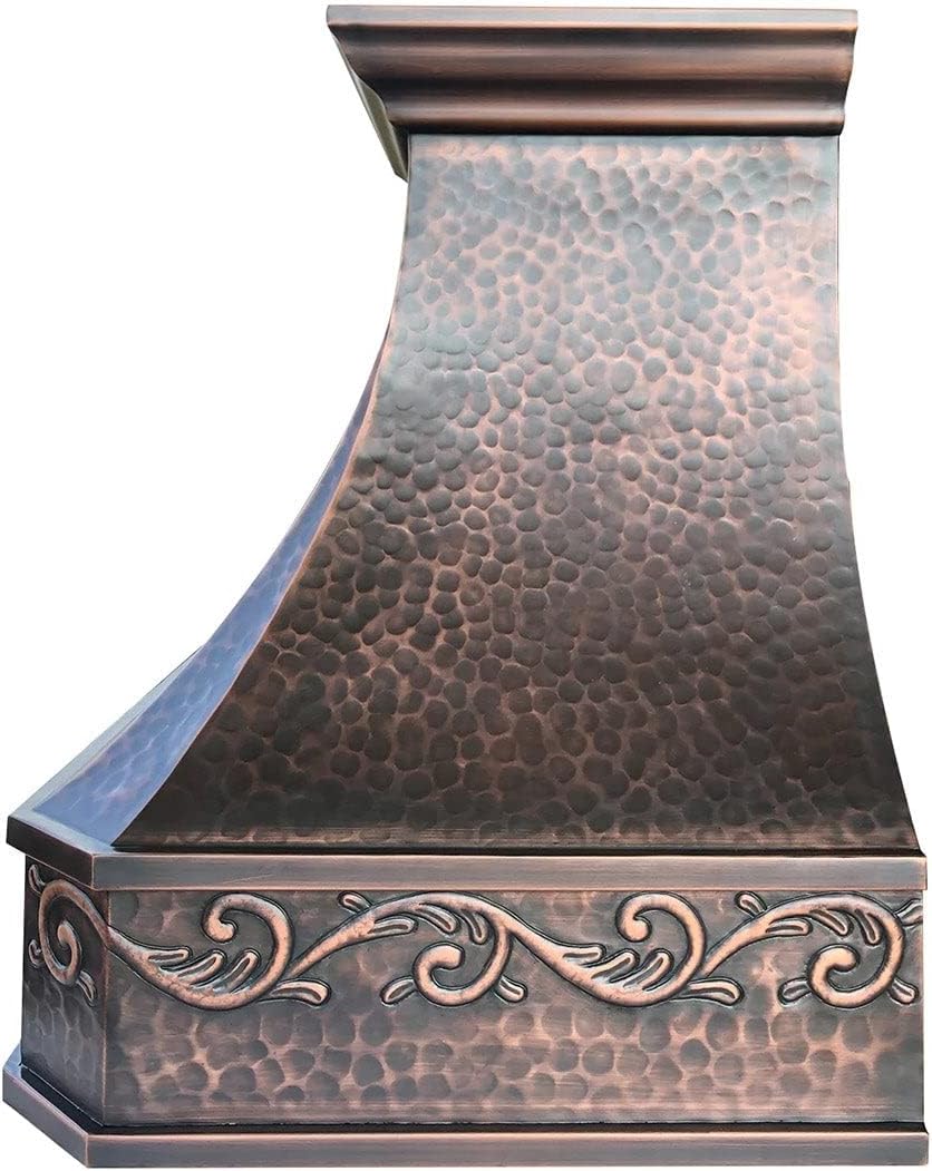 SINDA Copper Oven Hood Cover w/High CFM Commercial Grade Range Hood Insert, Inlcudes Fan Motor, Blower Box, Baffle Filter & Lighting, 36"W x 30"H, Antique-Smooth Texture, Wall Mount, H26A-RSCW3630