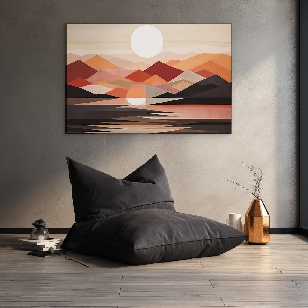 Canvas for Living room. Serenity in Geometry: A Tranquil Digital Landscape of Mountains and Sunset Hues, 27 x 18 inch Canvas Wall Art - Contemporary Masterpieces - Modern Home Decor