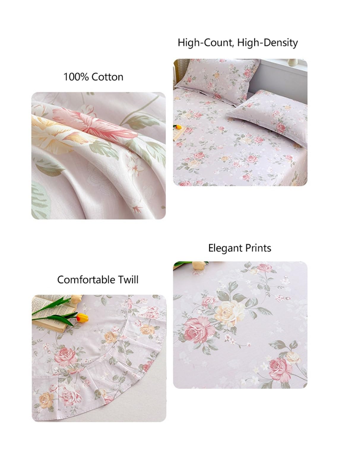 Bettlaken Ohne Gummizug Betttuch Laken 100% langstapeliger Baumwolle 160/210x230cm 245/265x245cm weiches atmungsaktives Flaches Laken(Flower N,265x245cm)