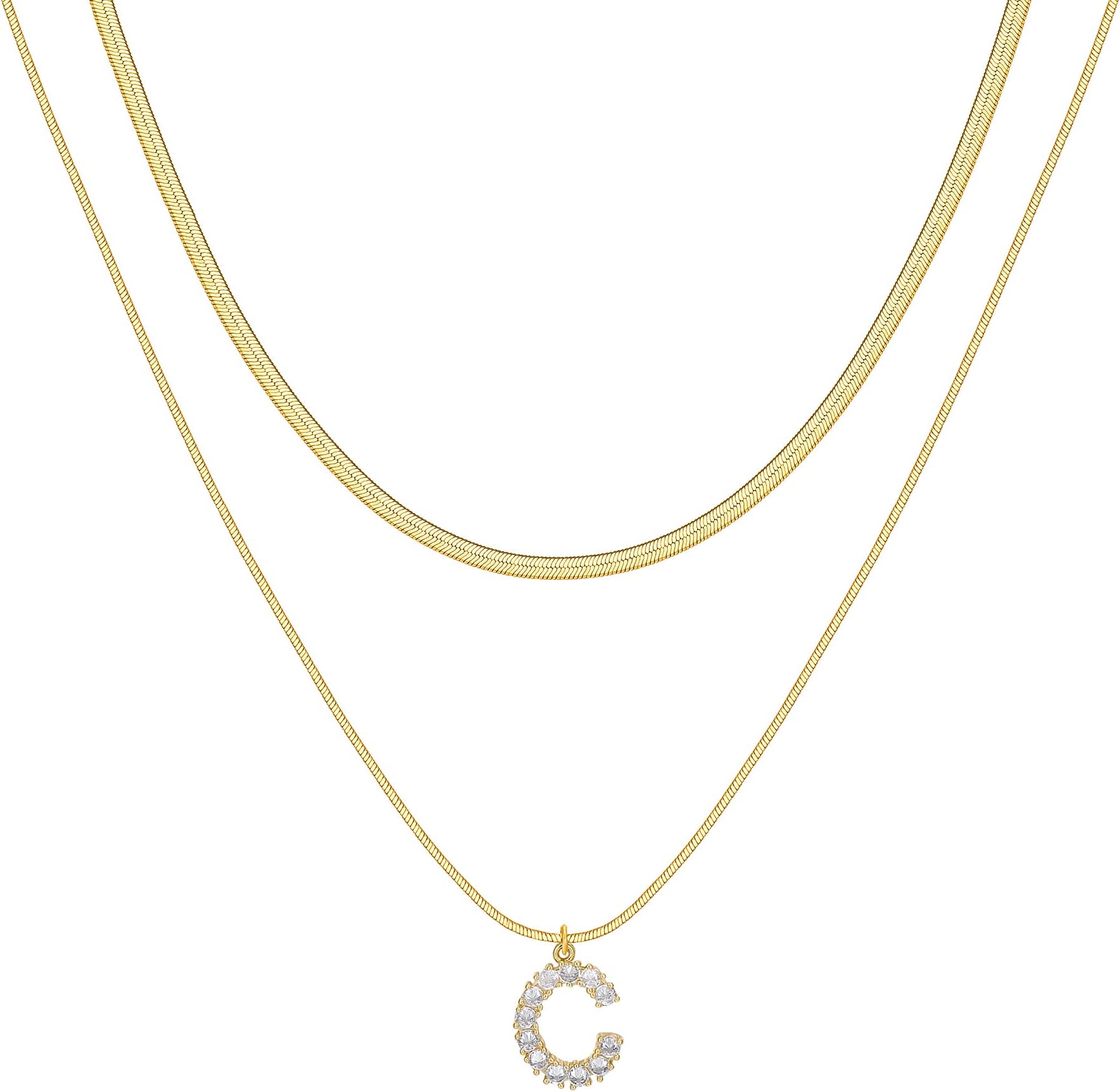 NUZONLayering Initial A-Z Letter Pendant Necklaces for Women 18k Gold Plated Double Snake Chain Choker Personalized CZ Capital Necklace Adjustable Jewelry 16/18