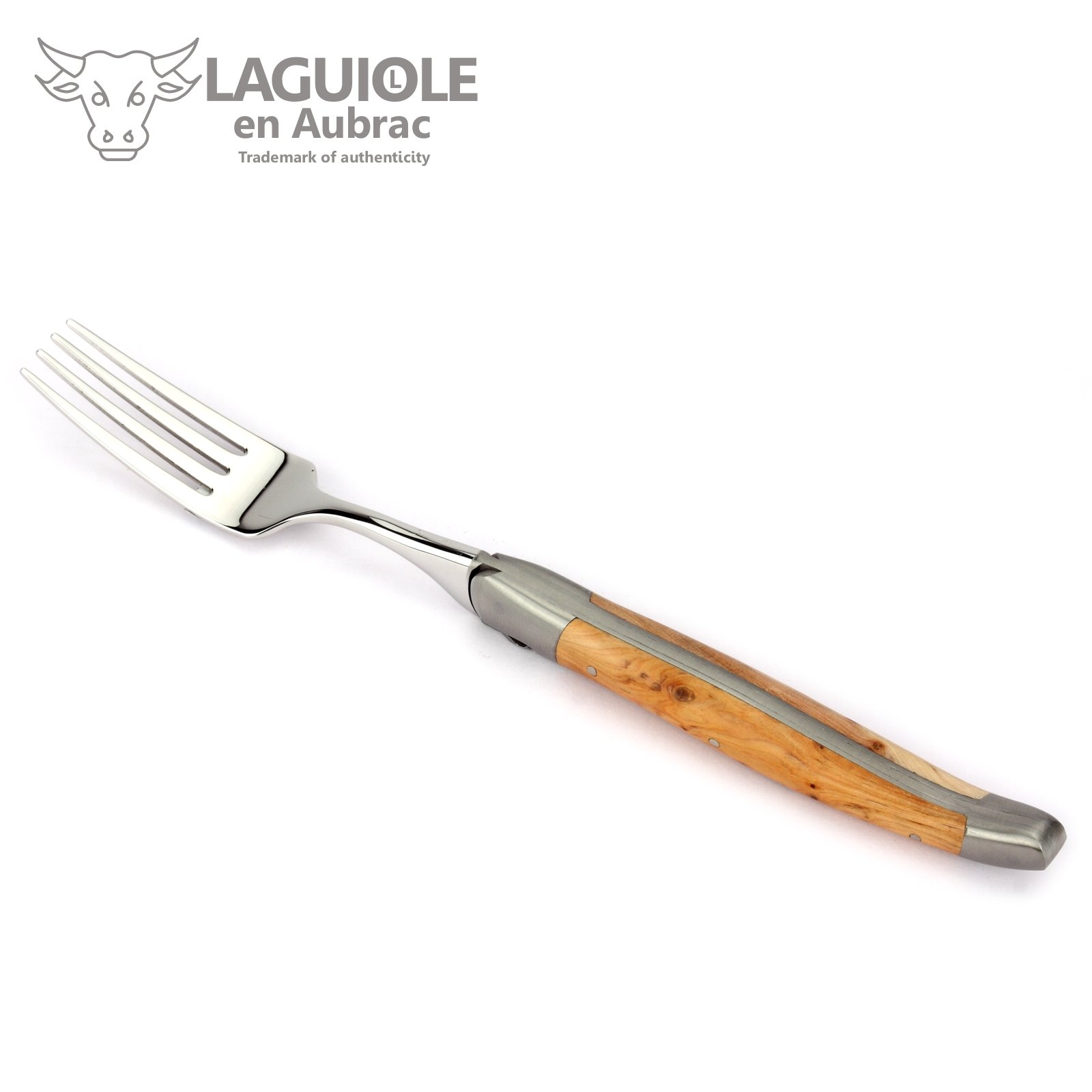 Laguiole en Aubrac - 1 Steakmesser und 1 Gabel im Besteck-Set - Griff Wacholder Holz - Original Frankreich mit Zertifikat