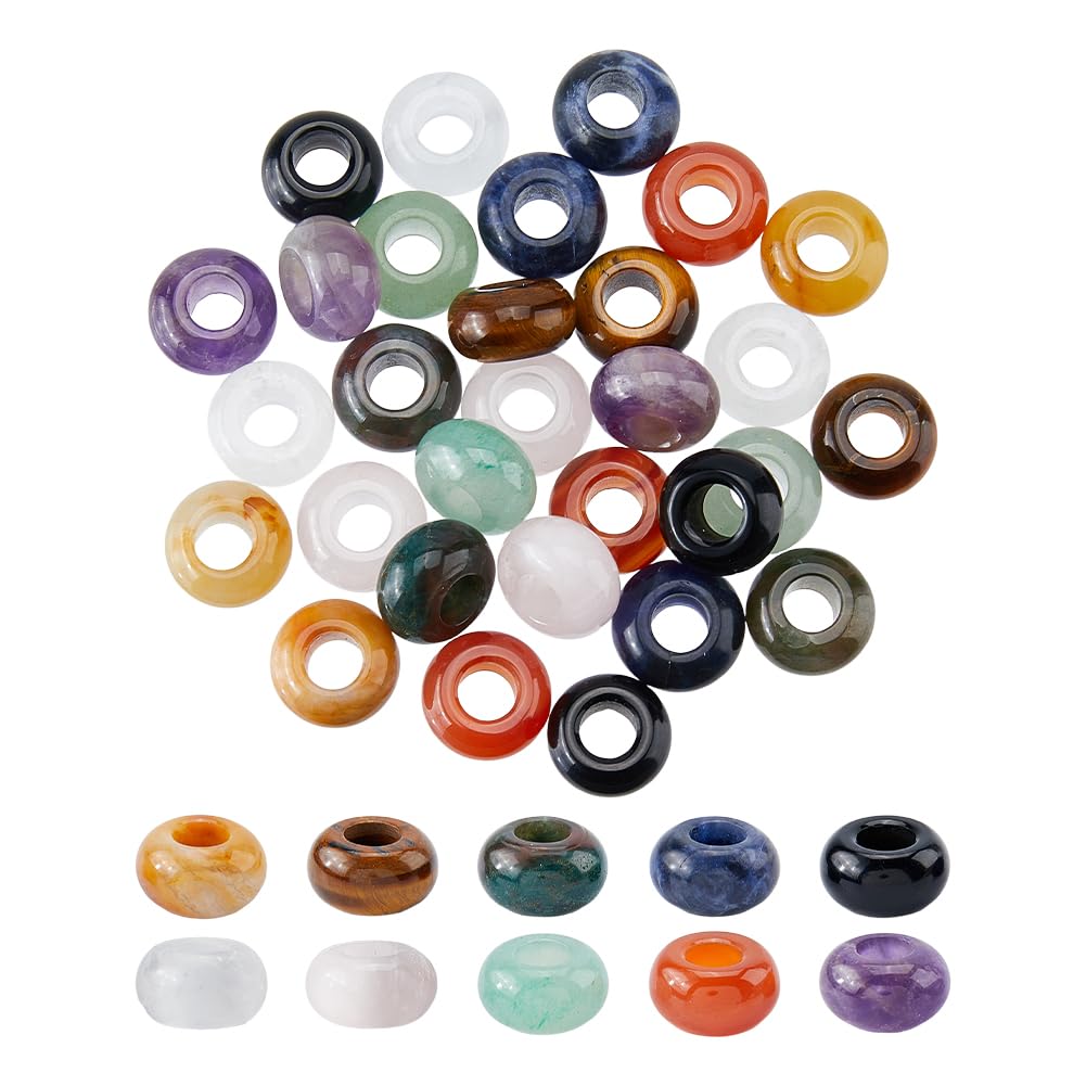 30 Stück Natürliche Große Loch Edelstein Perlen 14mm Makramee Naturstein Lose Perlen 10 Stile Gemischte Edelsteine Große Europäische Rondelle Abstandperle Für Haarflechten Schmuckherstellung