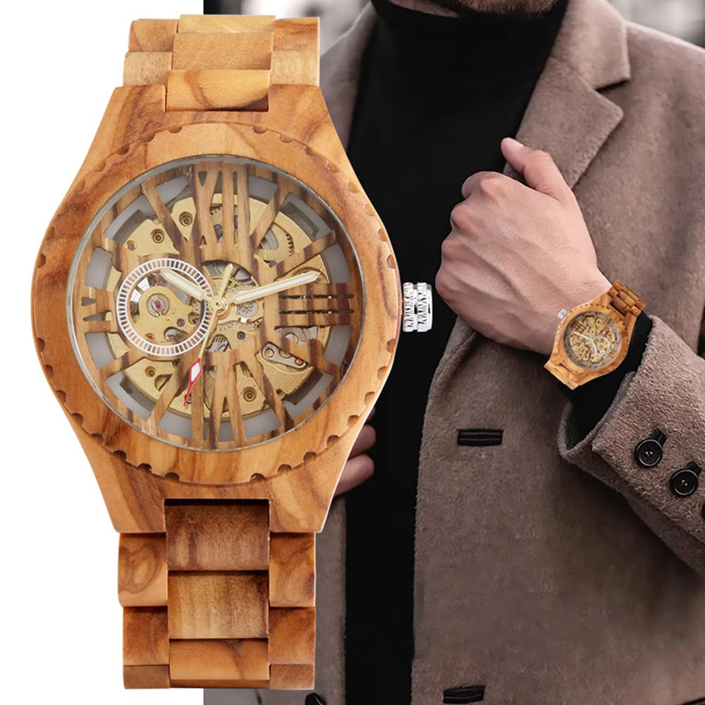 Relojes esqueléticos mecánicos de madera de los hombres de la moda, reloj de correa de madera sin batería para los hombres, relojes mecánicos de madera con esfera de números grandes romanos, M804.