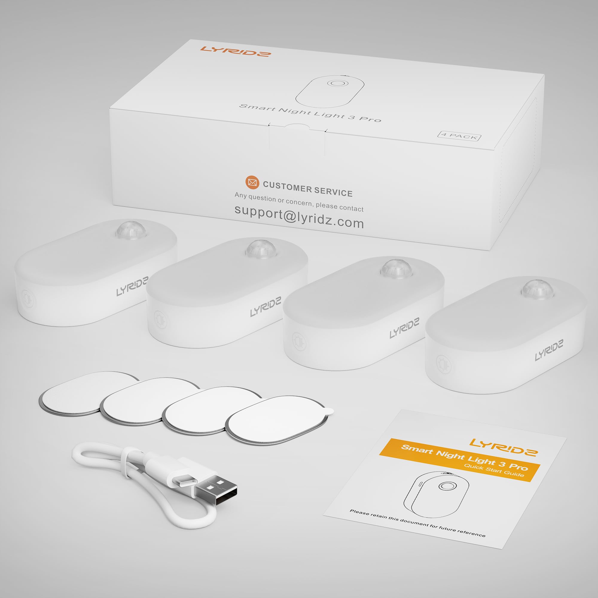 LYRIDZ - Luce notturna ricaricabile da attaccare ovunque con sensore di movimento, luce bianca calda da 1 a 20 lm, luce LED con tramonto all'alba, corridoio, confezione da 4