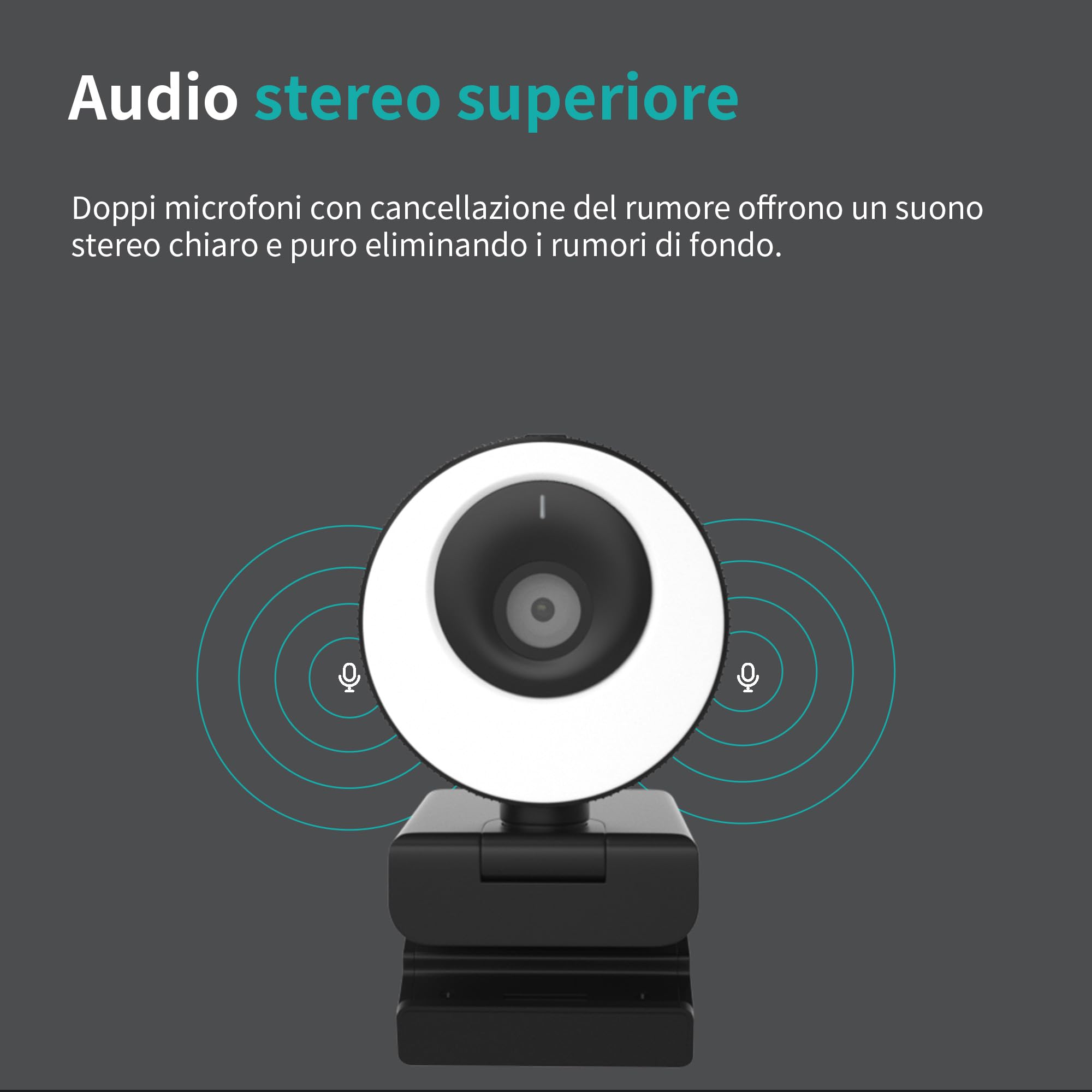 Webcam 1080P 60FPS con Microfono, Ring Light, Autofocus, 3 Modalità di illuminazione con Dimmerazione Continua per Videoconferenze su PC, Mac, Laptop e Tablet