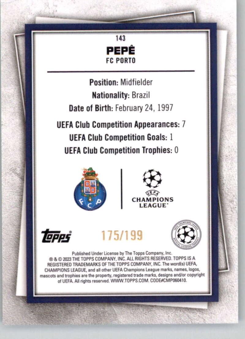 Amazon.com: 2022-23 Topps UEFA Superstars Super Rare #143 Pepe SER/199 FC  Porto Official UCL Soccer Trading Card in Raw (NM or Better) Condition :  Everything Else