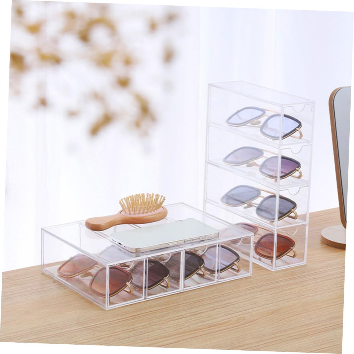 Caja Transparente para Gafas y Joyas 4 Capas Acrílico Multifuncional Organizador Almacenamiento Escritorio 2 Piezas Hogar y Tienda