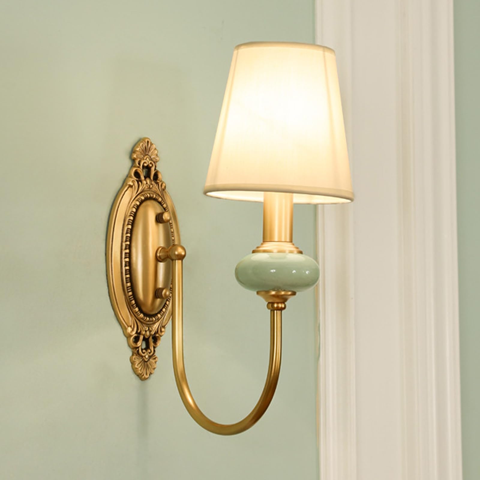 SMCCYYSD Vintage Curved Arm Fabric Wall Sconce with Linen Cloth Shade, Brass & Ceramic Accent Hardwired Indoor Single Light, Mounted Lamp for Bedroom Living Room Stairs Hallway