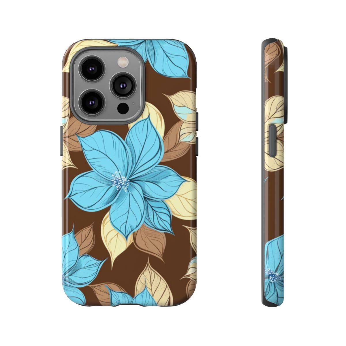 Coque rigide brillante iPhone 14 Pro motif floral turquoise rigide