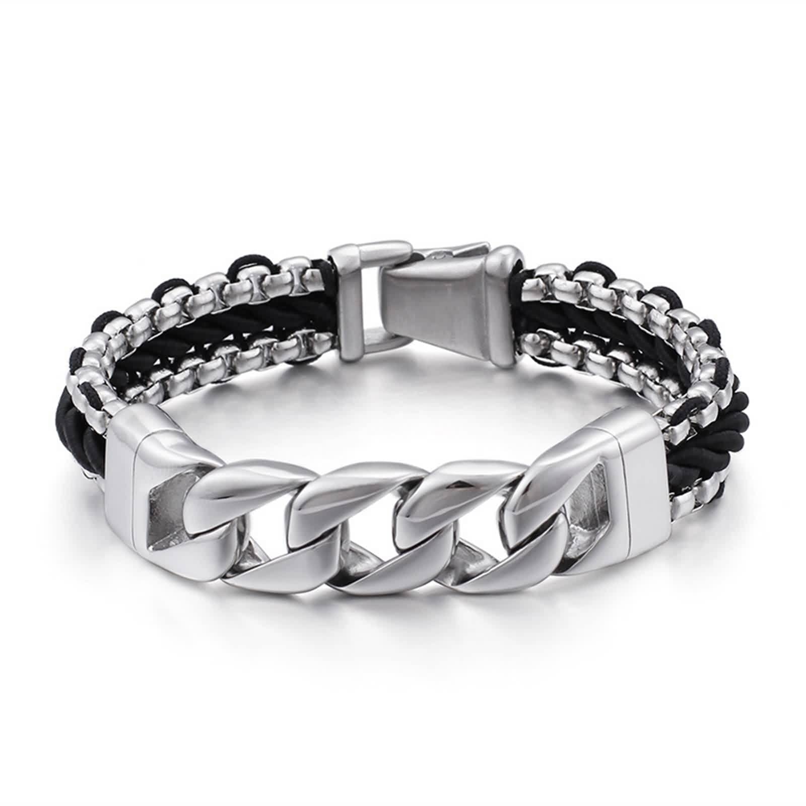 Pulsera para hombre, pulsera de eslabones cubanos de acero inoxidable, cuero negro, cadena trenzada de 15 mm, 21CM x 15MM, Cuero, No es una piedra preciosa