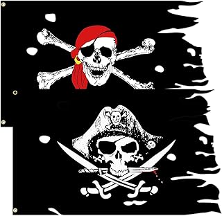 2 Pack Pirate Flags 3×5 FT Cross Knife Flag and Jolly Roger (Red Scarf) Flag, Irregular Holes Design Large Polyester Halloween Flags with Brass Grommets, Funny Pirate Banners For Outdoor & Indoor Decor