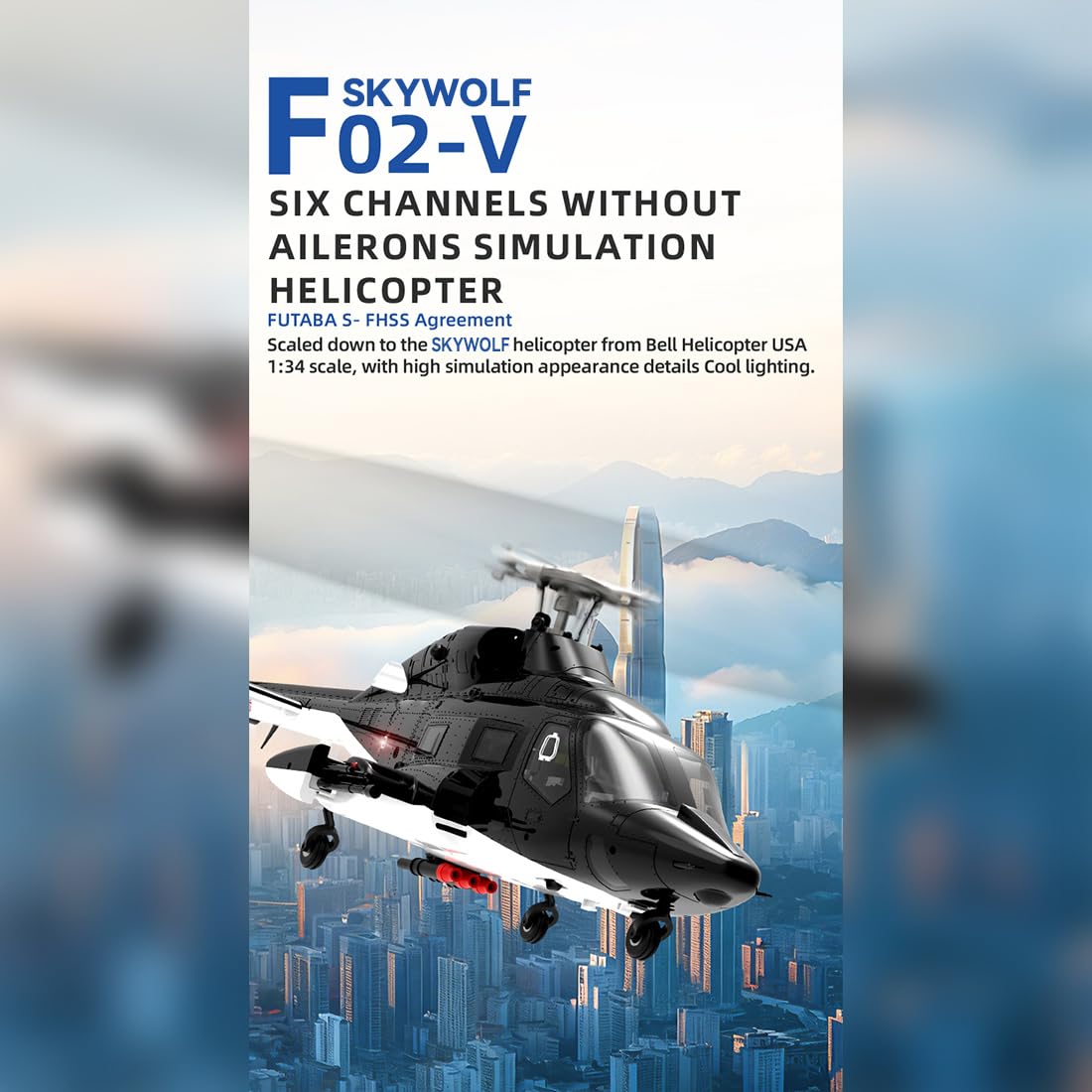 YUXIANG F02-V - Elicottero radiocomandato in scala 1:34, 2,4 GHz, 6 canali, senza rotore posteriore, resistente al vento, con illuminazione, motori brushless, stabilizzazione giroscopica