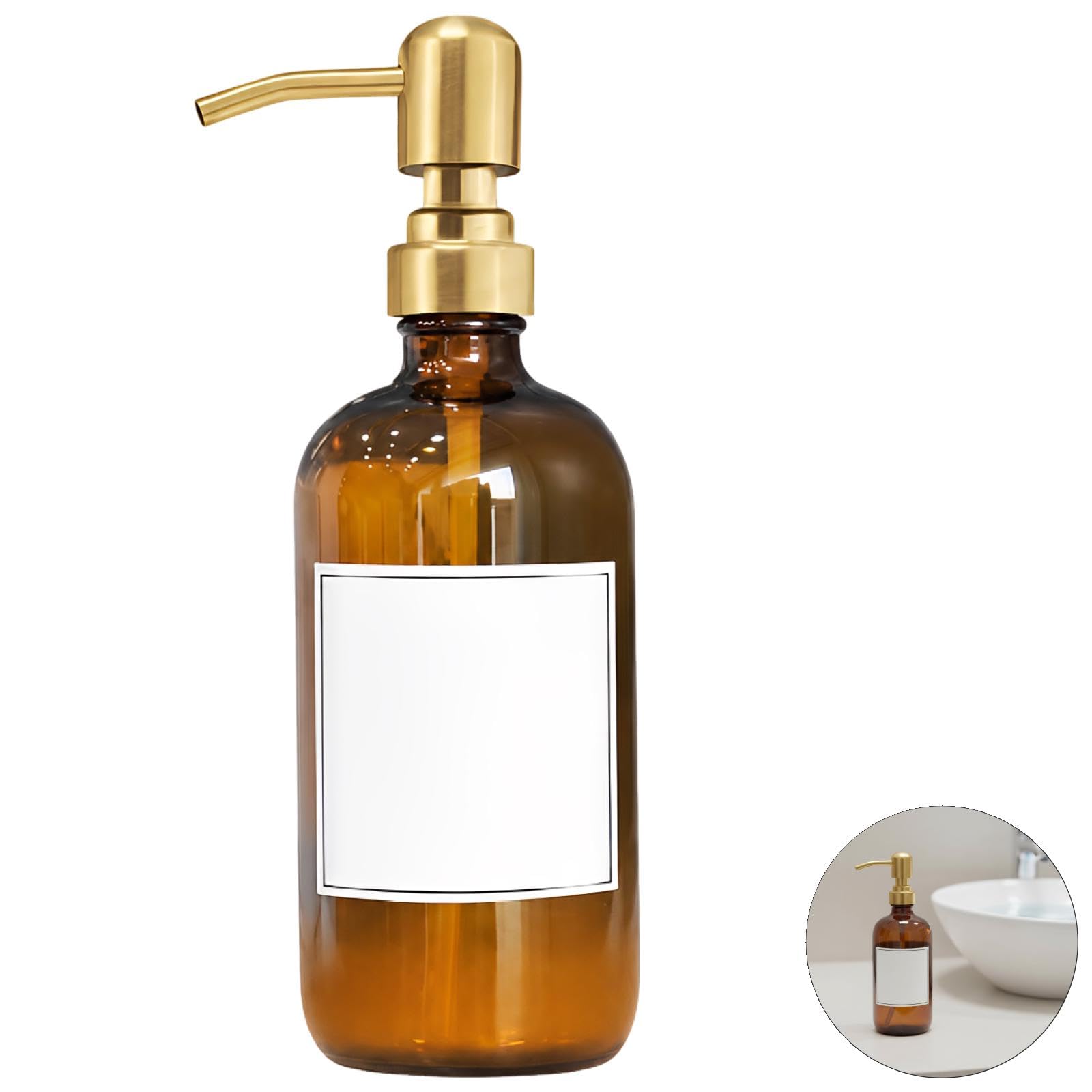 2 Stück Seifenspender aus bernsteinfarbenem Glas, 500 ml Pumpspender Set mit Edelstahlpumpe, 21,8 cm, für Küche und Bad, inklusive Tablett und Etiketten