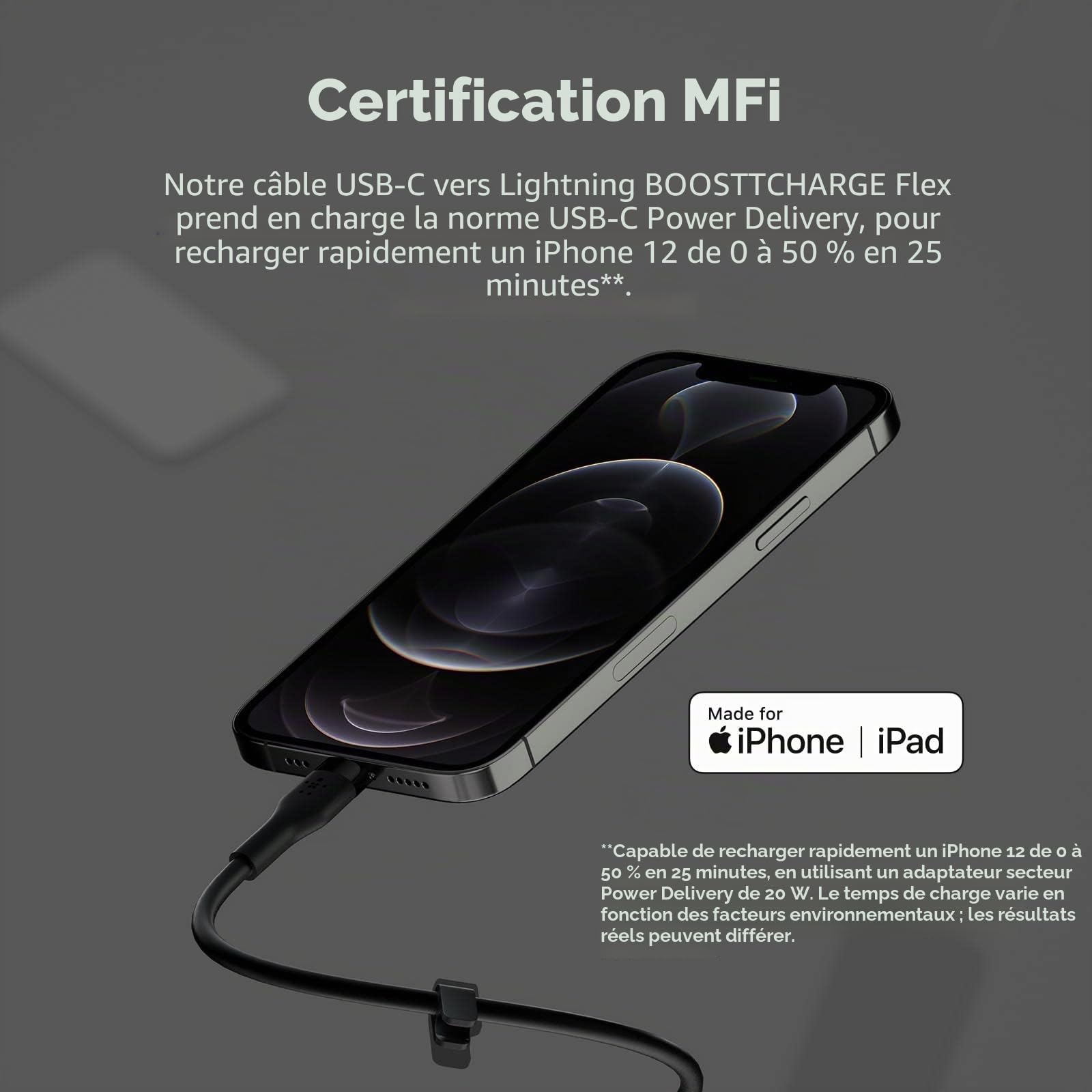 Belkin Câble USB-C vers Lightning BoostCharge Flex en silicone (3 m), certifié MFi (20 W), recharge Power Delivery pour iPhone 14/14 Plus, 13, 12, Pro, Max, mini, SE, iPad, etc. (noir)